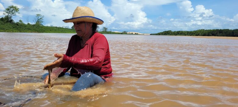 Marisqueira sentada no rio fazendo a cata de marisco